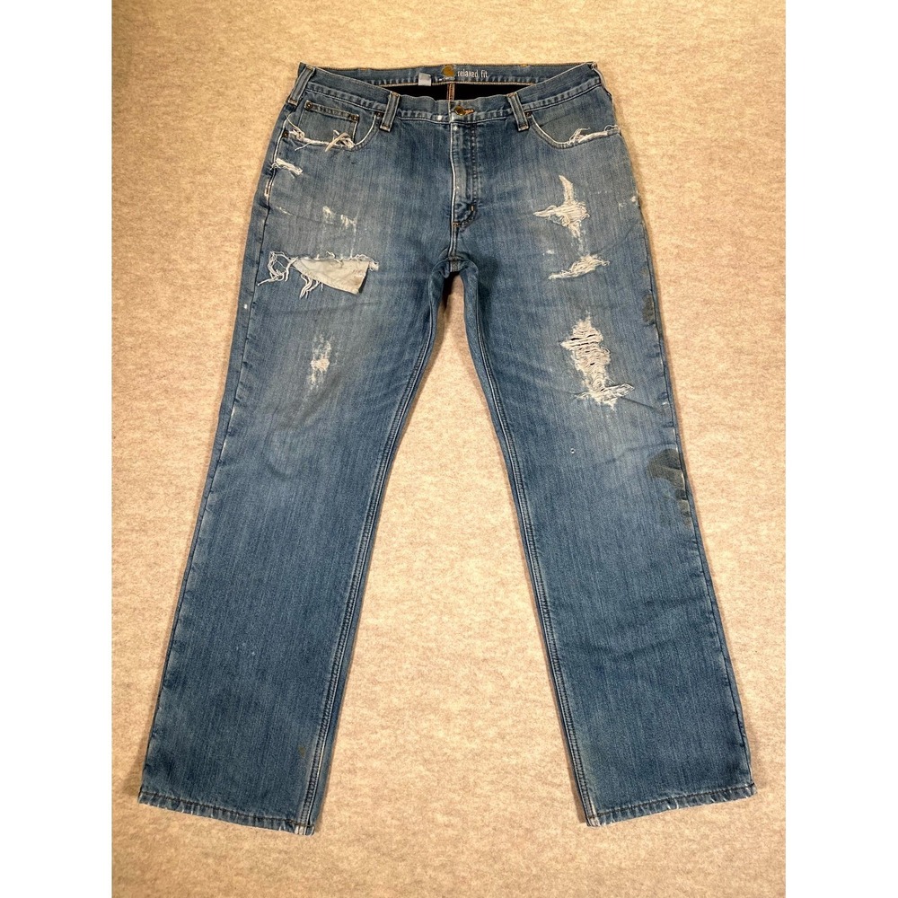 Carhartt Relaxed Fit Jeans Men 38x32 Blue Denim Fleece Lined Straight Distressed